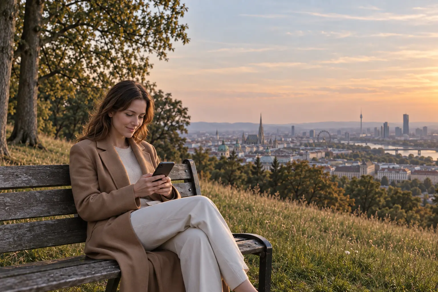 Eine Frau auf einer Parkbank liest auf ihrem Handy, dahinter die Stadt im Abendlicht