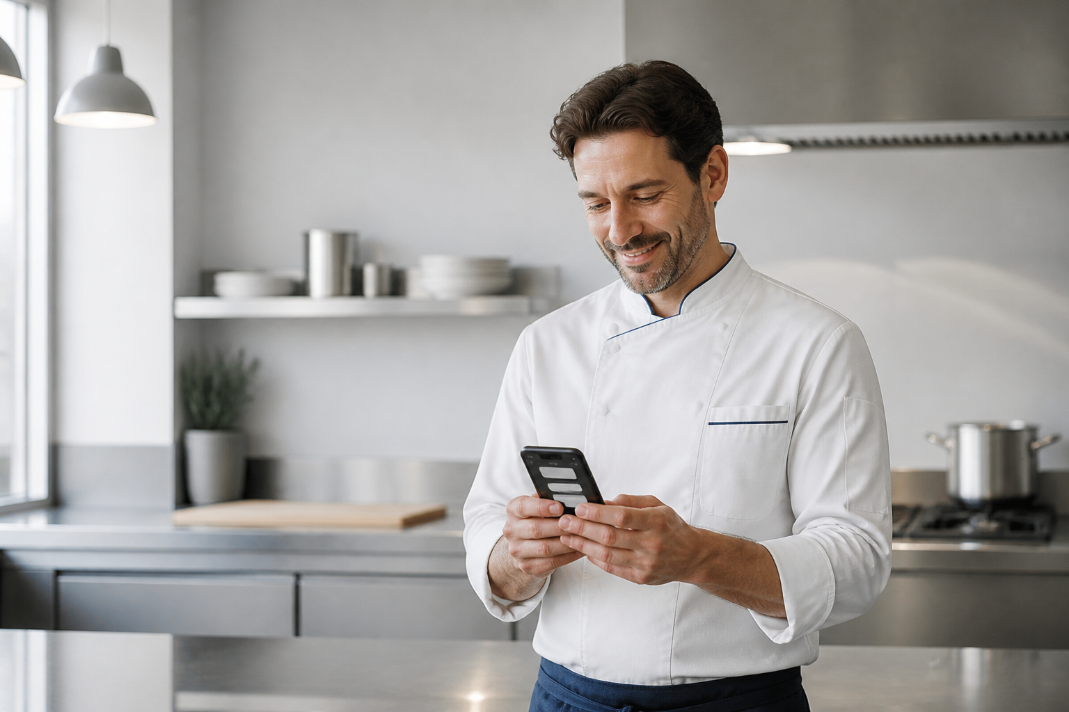 Koch erhält eine Empfehlungsnachricht auf seinem Handy
